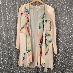 Yolanda Lorente Size M Hand Painted Pink Floral 100% Silk Kimono Duster‎ Floral